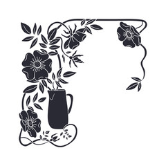 Art nouveau vintage hand drawn vase with black and white wild rose flowers and leaves frame silhouette vector illustration. Monochrome floral card template
