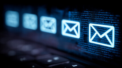 Row of email icons on a screen conveying messaging workflows, newsletter automation and customer communication.