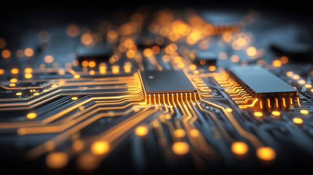 A microchip driving an illuminated circuit network, symbolizing processing power, reliable connectivity, and next-generation electronic architecture for high performance systems.
