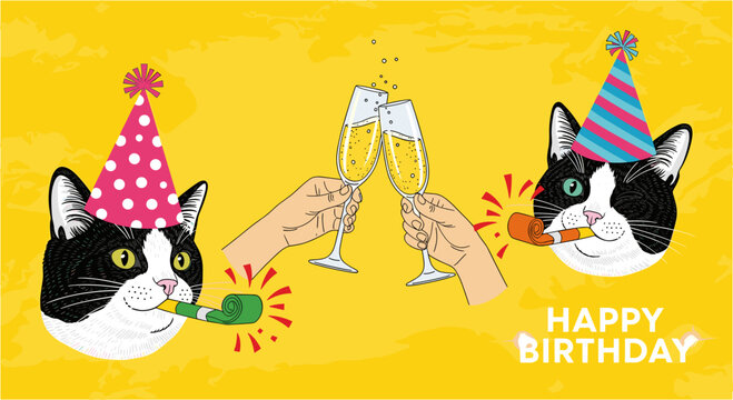 A whimsical birthday celebration featuring two adorable tuxedo cats donning festive party hats, blowing noisemakers, and toasting with champagne against a vibrant yellow backdrop