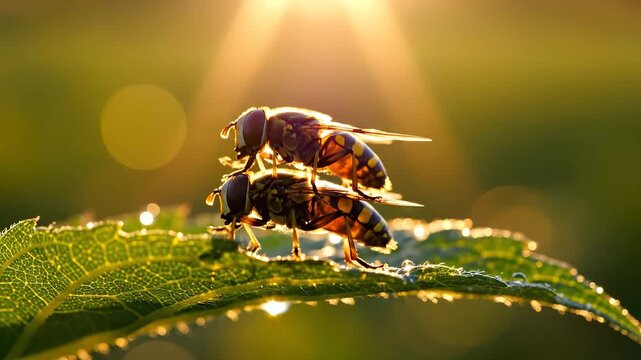 Two hoverflies are mating on a leaf, illuminated by the warm light of the setting sun. The hoverflies gently rest on the leaf, creating a serene moment in nature.