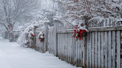 Christmas snow covered fence 