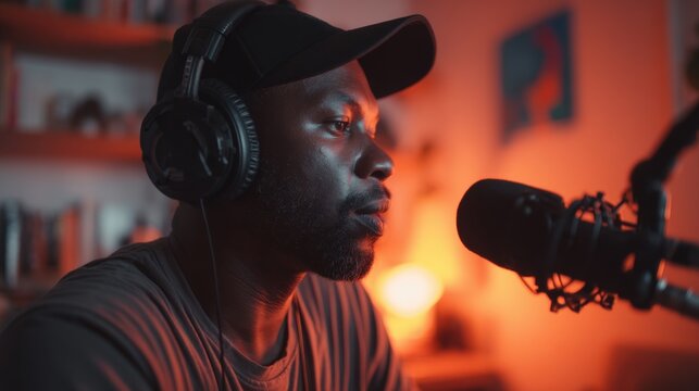 Man with Studio Headphones and Mic in Warmly Lit Minimalist Setting