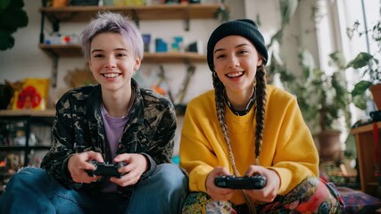 Two friends playing video games in a cozy indoor space surrounded by plants