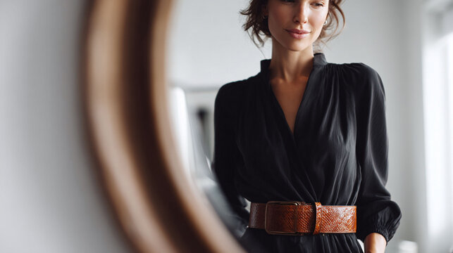 Elegant woman looks at her reflection in a round mirror, wearing a stylish black dress with a brown belt. Great for fashion, beauty, and lifestyle concepts.