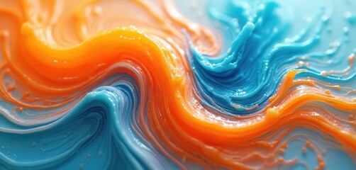 Orange, blue liquids swirl together in mesmerizing pattern. Vibrant colors blend in dynamic motion. Swirling liquids create abstract design. Blue, orange hues mix in fluid motion. Liquid textures