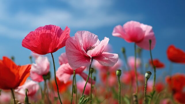 Stunning photo of field of vibrant red and pink poppies blooming under a clear blue sky.