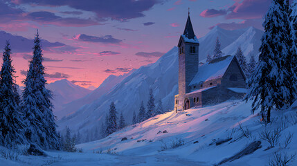 Christmas snow-covered church on hilltop at dusk 