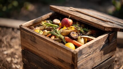 Stunning photo of wooden compost bin filled with organic waste for recycling and gardening.