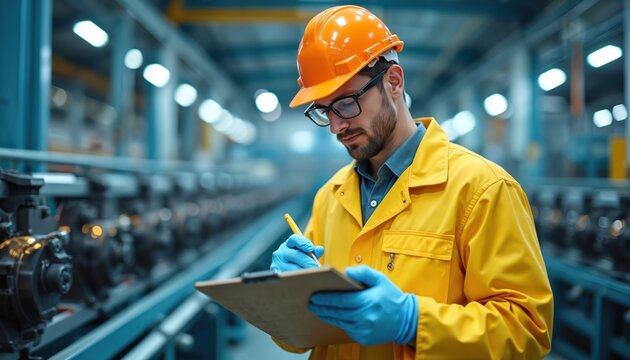 Man in yellow safety jacket glasses, orange helmet inspects machinery at industrial plant. Worker makes notes on clipboard during equipment examination. Professional checking in factory production - Powered by Adobe