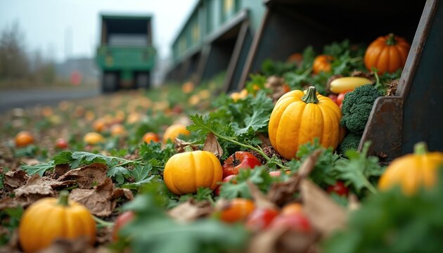 Pumpkins and vegetables are discarded next to a dumpster bin and transport truck. Food is collected for composting or recycling processes. Organic waste is piled up outdoors, ready for disposal.