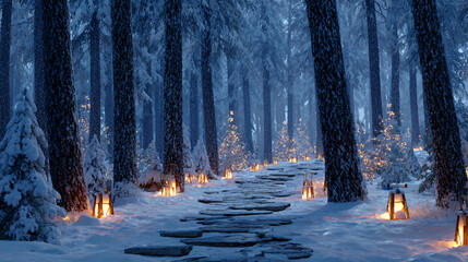 Christmas snow-covered pine forest with lantern path 