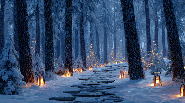 Christmas snow-covered pine forest with lantern path 