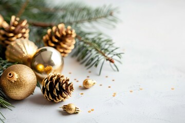 Golden christmas ornaments and pinecones decorating a festive holiday scene