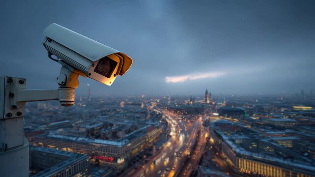 Surveillance camera overlooks urban landscape at twilight in a bustling city