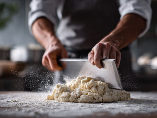 Fototapeta premium Artisan bakers hands working dough with a scraper, flour dusting. Fresh, homemade, preparation, baking concept. Use for food blogs, cookbooks, recipes.