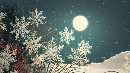 Christmas snowflakes in moonlight
