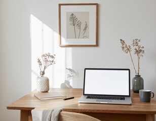 Stylish workspace mockup with poster frame above wooden desk, laptop, coffee cup, minimal decor, morning sunlight, neutral color palette, soft focus, creative home office vibe
