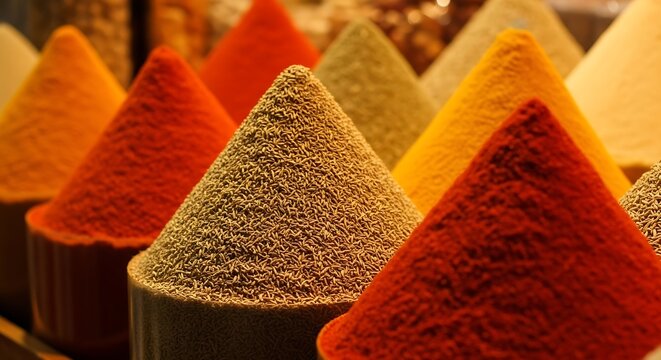 Close-up of Colorful Conical Piles of Spices at a Market spice market - Powered by Adobe