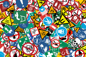 safety signs with pictograms and shapes like circles triangles squares to signal dangerous places or situations for people and workers