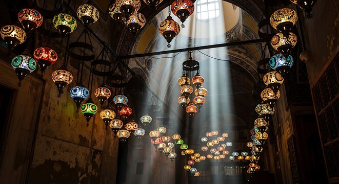Colorful mosaic Turkish lanterns hanging in a sunlit ancient building with light rays