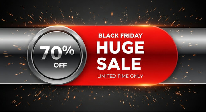 A dynamic promotional banner declares a Black Friday Huge Sale with a prominent 70% off offer, illuminated with vibrant sparkles.  vector illustration
