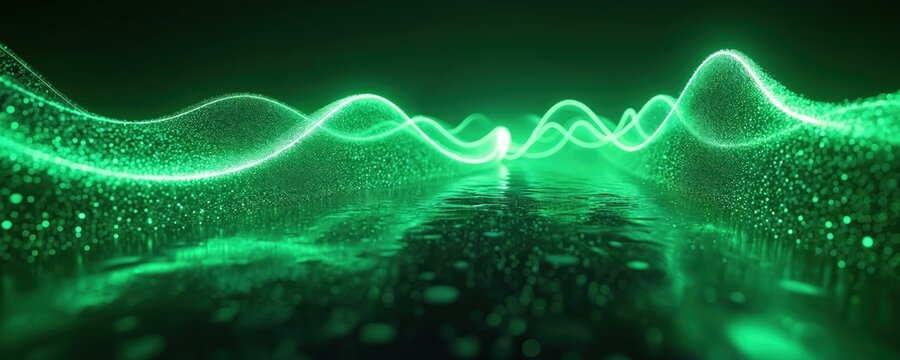 Abstract green light waves flow over dark reflective ground. Digital art shows futuristic eco tech patterns. Creative design presents virtual ambient energy in modern style with sleek lines.