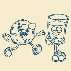 Happy retro mascot cookie and glass of milk character, smiling, heart gesture. Menu, homemade bakery symbol