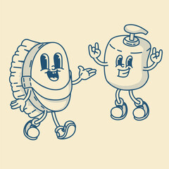 Charming brush and liquid soap bottle mascots. Vintage eco-friendly duo for spa or home cleaning packaging