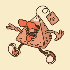 Loving pyramid black tea bag mascot with heart. Romantic Darjeeling and Keemun blend retro design