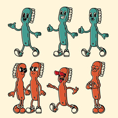 Groovy 70s-80s toothbrush mascot in vibrant colors. Handdrawn retro design for dental clinics and eco oral care brands