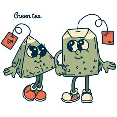 Charming green tea bag duo - rectangular Sencha and pyramid Matcha. Retro couple illustration