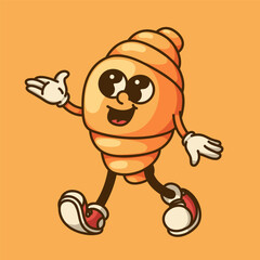 Colorful croissant mascot retro vector design for bakery branding with gesture, gloves and boots playful illustration