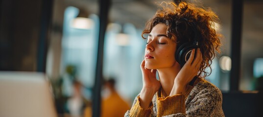Young Woman Adjusting Headphones in Modern Coworking Space with Minimalist Design
