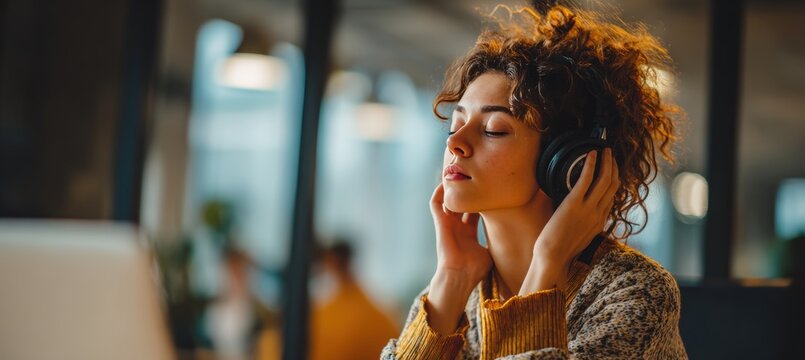Young Woman Adjusting Headphones in Modern Coworking Space with Minimalist Design - Powered by Adobe