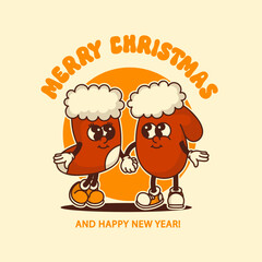 Vintage Christmas stocking and mitten on Christmas background with merry christmas text Cozy design for holiday banners and printable cards