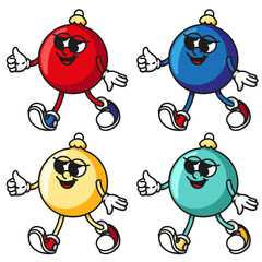 Colorful christmas balls mascot set with boots and gloves isolated on white background retro vector design for holiday decorations