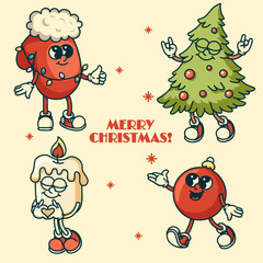 Colorful Christmas mascot set with ornament candle mitten garland and tree ornaments isolated vector design for festive celebrations