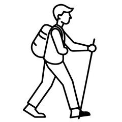 Person hiking with backpack and trekking pole on black background