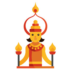Stylized figure holding torches with flame crown