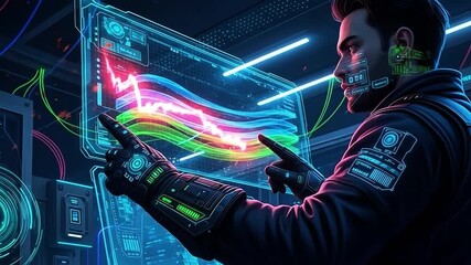 Quantum Specialist Analyzes Complex Data Visualization on a Neon Holographic Screen - Powered by Adobe