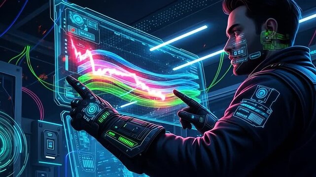 Quantum Specialist Analyzes Complex Data Visualization on a Neon Holographic Screen - Powered by Adobe
