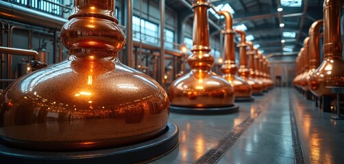 Shiny copper whisky stills line a modern industrial distillery floor. Steel pipes and circular vats are visible. This automated spirits production facility uses advanced distilling equipment.