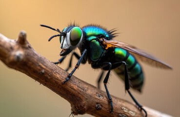 Macro photo of a black soldier fly on a wooden branch. The insect has iridescent green and blue body with large eyes. Close-up nature study with insect details.