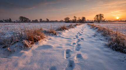 Christmas snowy field footprints at sunrise 