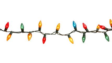 Decorative garland string of colorful Christmas lights arranged horizontally, isolated on transparent background