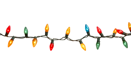Decorative garland string of colorful Christmas lights arranged horizontally, isolated on transparent background