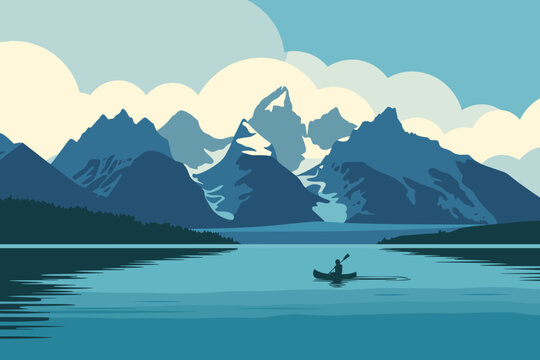 Serene Solo Kayaker Paddling in Tranquil Lake Surrounded by Majestic Blue Mountains Under Soft Cloudy Sky