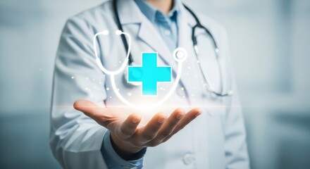 Doctor Holding Medical Cross and Stethoscope Icon. Healthcare Technology, Modern Medicine, and Global Health Insurance Concept.