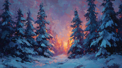 Christmas snowy forest glowing at dusk 